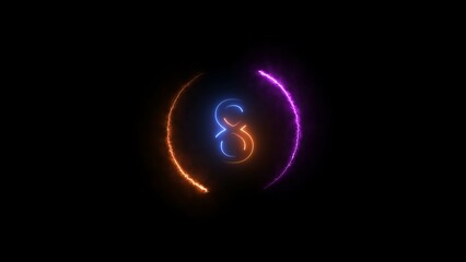 Abstract countdown eight number, orange and royal blue color, neon light illustration. Black background orange and magenta circle 4k illustration.	
