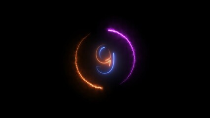 Abstract countdown nine number, orange and royal blue color, neon light illustration. Black background orange and magenta circle 4k illustration.	

