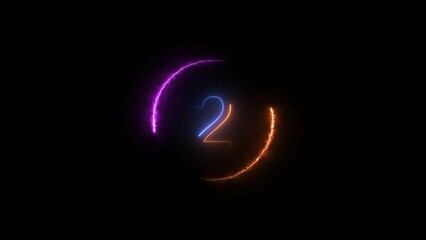 Abstract countdown two number, orange and royal blue color, neon light illustration. Black background orange and magenta circle 4k illustration.	
