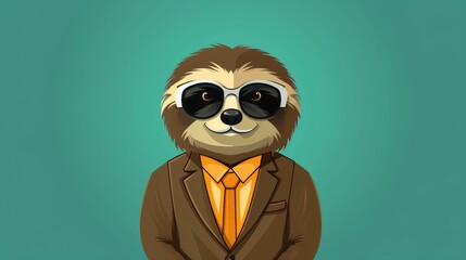 Naklejka premium Stylish cartoon sloth wearing a suit and sunglasses, set against a teal background. Perfect for fun and trendy design projects. 