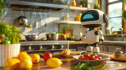 A small robot prepares a meal in a bright kitchen filled with fresh vegetables and fruits during the afternoon