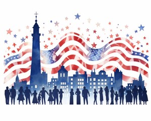 Subtle watercolor artwork, Fourth of July patriotic parade silhouette, focusing on the essence of the celebration with a minimalist backdrop
