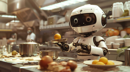 A robot prepares a meal in a busy kitchen during lunchtime