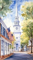 Fototapeta premium Watercolor scene of the Old North Church with a lantern signal glowing majestically in the backdrop, ideal for Independence Day