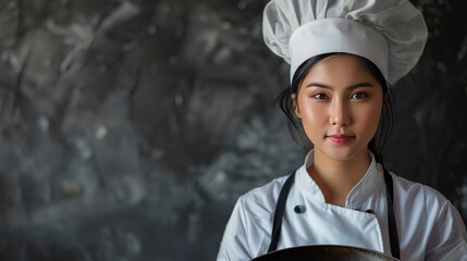 Asian chef holding pan