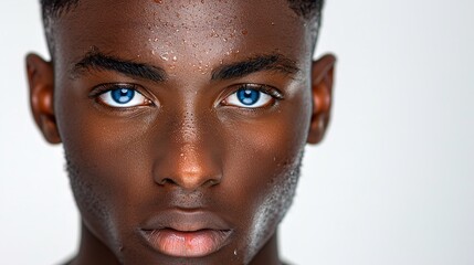 Obraz premium A black man with striking blue eyes makes eye contact with the camera, conveying a strong and confident gaze