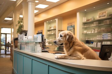 A bustling veterinary clinic captured in documentary style, with warm ambient lighting and a detailed, engaging background