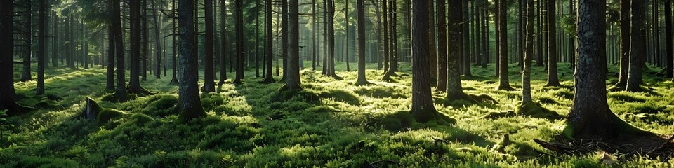 Healthy green trees in a forest of old spruce, fir and pine. landscape 