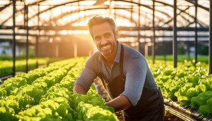 A beautiful image of a small-scale organic greenhouse owner tending to rows of lettuce, while natural light accentuates the vibrant greenery.