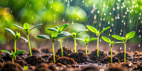 sprouts growing in the garden in the rain. Gardening, agriculture and ecology concept. Watering plants