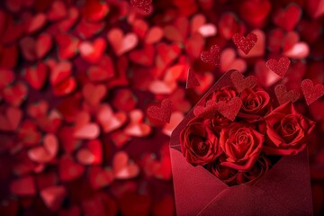 a colorful multicolor red envelope with collection of red roses with a red hearts background, Valentine's Day, love, gift for lovers