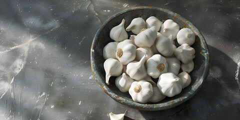 Fresh garlic in the bowl on the grey background