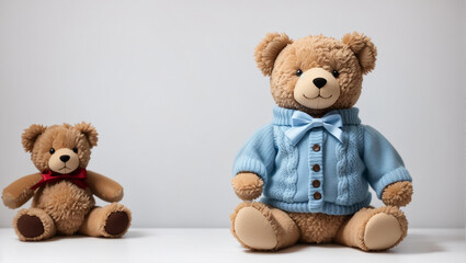 A brown teddy bear wearing a blue sweater  a white background.