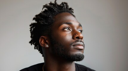 A man with dreadlocks looking upward at the sky, with a contemplative expression on his face