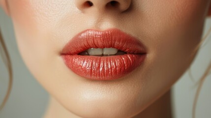 Fototapeta premium Close-up of Woman's Lips with Glossy Red Lipstick 