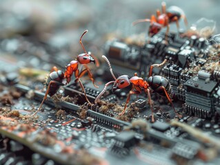 Close-up of red ants crawling on an electronic circuit board, highlighting the interaction between nature and technology.