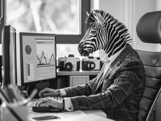 A zebra dressed in a business suit sits at a desk working on a computer, blending animal and professional elements humorously.