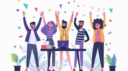 Illustration of a diverse team of five people celebrating success with raised hands and confetti in an office setting.