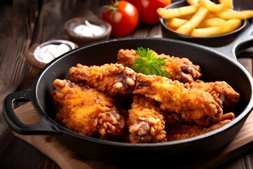 Fototapeta premium Fried chicken wings with french fries in frying pan on wooden background.