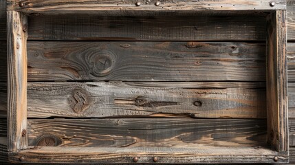 A rustic wooden frame with a charming, weathered texture, set against a background of natural, distressed wood planks © keystoker