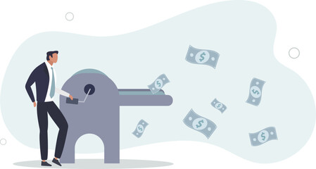 businessman central bank man rolling money printer to print money banknotes .flat vector illustration.