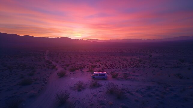 Aerial photograph of a camper van nestled in the Mojave Desert