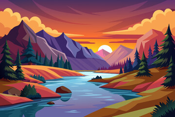 River landscape at sunset vector Illustration 
