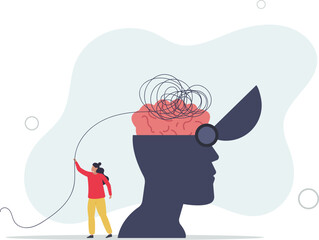 therapist woman help eliminate chaos messy line from patient head.flat vector illustration.