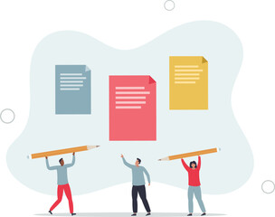 businessman and woman coworkers, colleagues holding pencil with sticky notes on the wall.flat vector illustration.