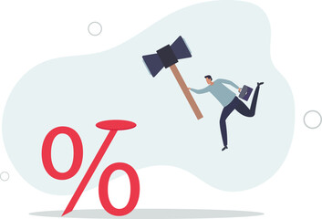 businessman FED leader using hammer to nailed percentage sign to the floor.flat vector illustration.