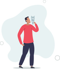 businessman holding smiling mask thinking about being or acting like another person.flat vector illustration.