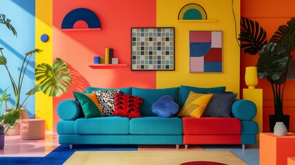 Colorful Memphis Style Living Room Interior With Modern Design Elements