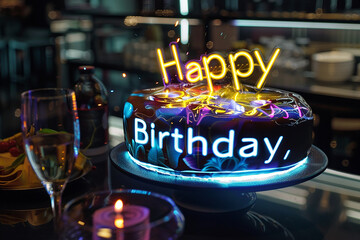 A futuristic holographic cake materializing from thin air, adorned with rotating 3D letters spelling out 