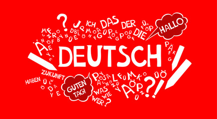 Deutsch. Translation: "German". Learning German Online education concept. German language hand drawn doodles and lettering. Language education Vector illustration for education, foreign language study