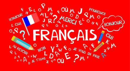 Francais. Translate: "French".  Language education. Сoncept of learning French language flat vector. Illustration for book, dictionary, vocabulary, speaking, reading, writing,  listening skills.  © Semiletava Hanna