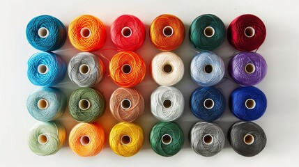 Fototapeta premium Top view of a tailor's colorful thread collection, each spool perfectly aligned for a visually pleasing layout, isolated with studio lighting