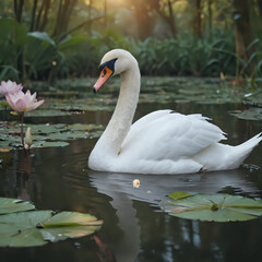 Fototapeta premium a swan swimming in a pond with water lilies