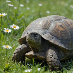 Obraz premium tortoise in the grass with flowers