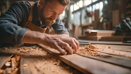 Carpenter working on wooden table in a carpentry workshop