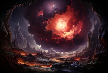 Otherworldly Red Cloudscape in Dramatic Fantasy Landscape