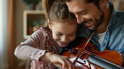 A joyful father-daughter duo playing the violin together, sharing a close moment of music and bonding.