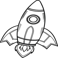 Space rocket in the sky with stars and clouds Vector illustration. Rocket coloring pages.