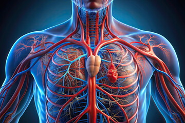 Extreme close-up of human circulatory system showing arteries and veins, emphasizing cardiovascular organs