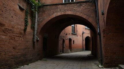 Exterior of ancient passage with shabby red bricks pas.generative.ai