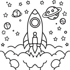 Space rocket in the sky with stars and clouds Vector illustration. Rocket coloring pages.