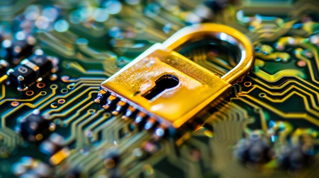 A close-up of a golden padlock on a green circuit board, symbolizing cybersecurity and data protection.