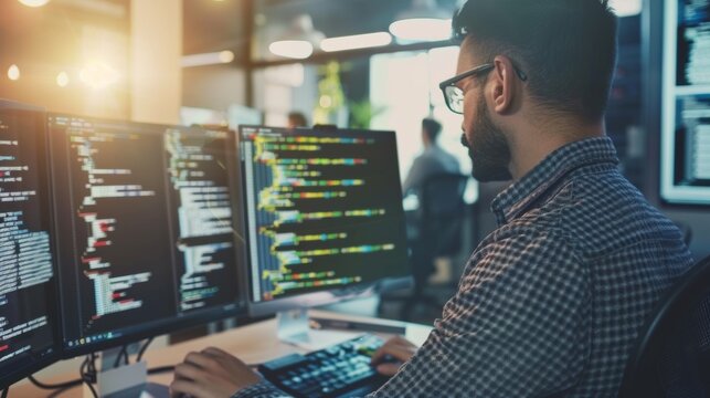 Software developer focused on coding at his workstation, surrounded by multiple monitors displaying lines of code in a modern office.