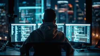 A programmer working late at night in a high-rise office, surrounded by multiple computer screens displaying code.
