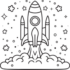 Space rocket in the sky with stars and clouds Vector illustration. Rocket coloring pages.