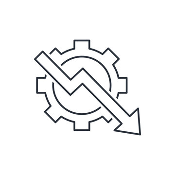 Gear and down arrow. Decrease in activity, productivity, profitability. Vector linear icon isolated on white background.